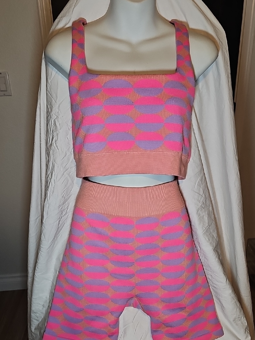 Fabletics Pink & Lavender Geometric Knit Athletic Shorts Set